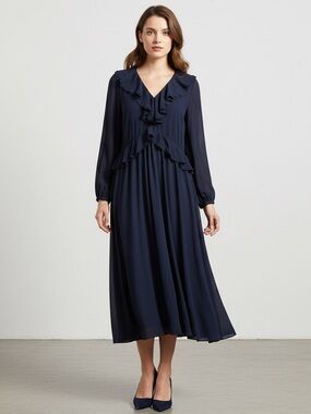 Petite Plume Navy Pima Cotton Ruffle V-Neck Midi Dress Size S Regencycore